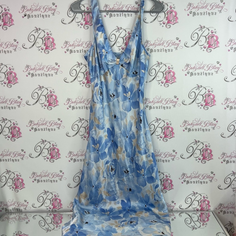 Dress maxi shiny shimmer material water color Blue Floral Sleeveless Dress